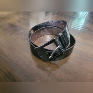 Michael Kors MK Logo Synthetic Leather Belt Black Metallic Monogram Size Medium